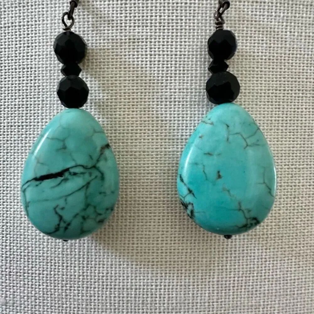 Turquoise sterling silver black beaded drop earrings